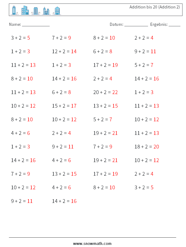 (50) Addition bis 20 (Addition 2) Mathe-Arbeitsblätter 3 Frage, Antwort