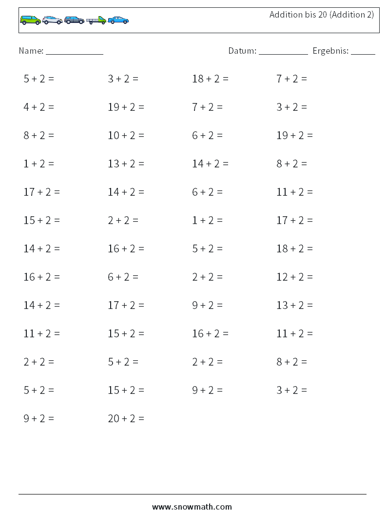 (50) Addition bis 20 (Addition 2) Mathe-Arbeitsblätter 4
