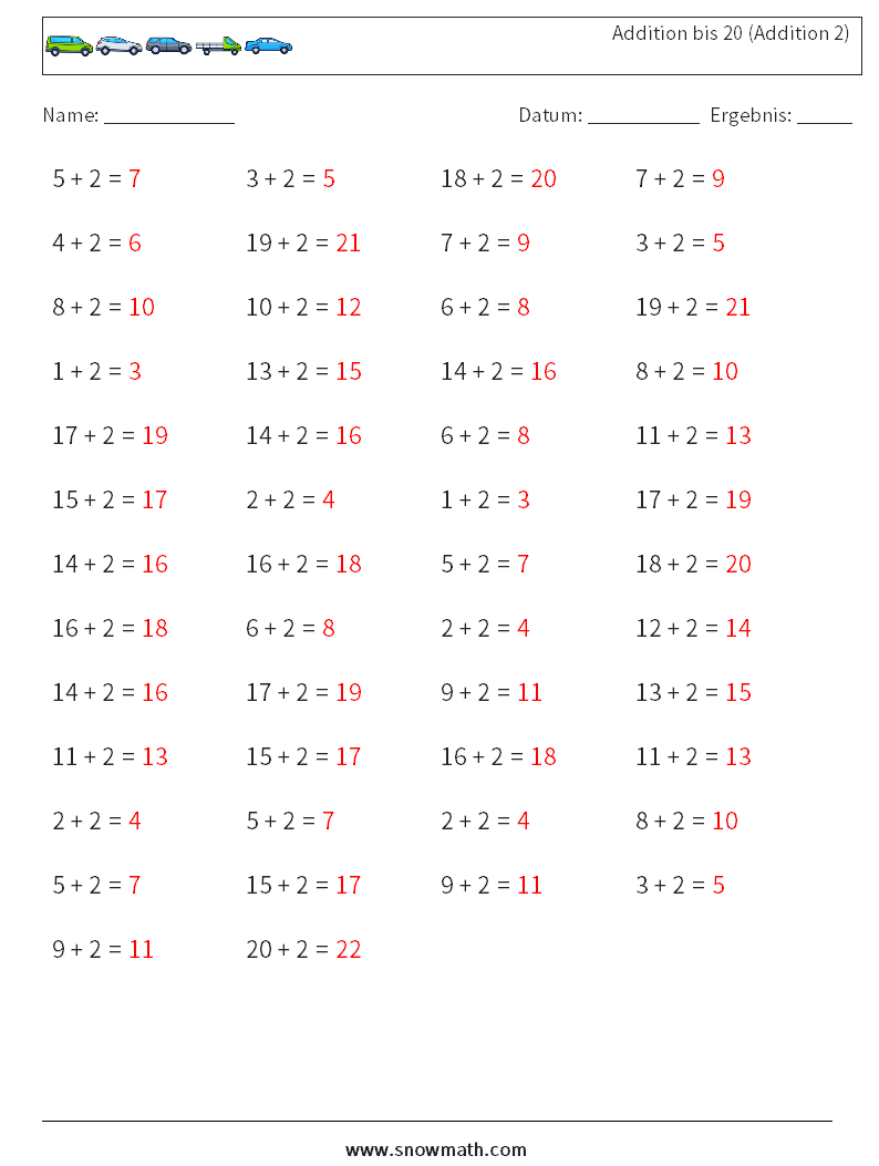 (50) Addition bis 20 (Addition 2) Mathe-Arbeitsblätter 4 Frage, Antwort