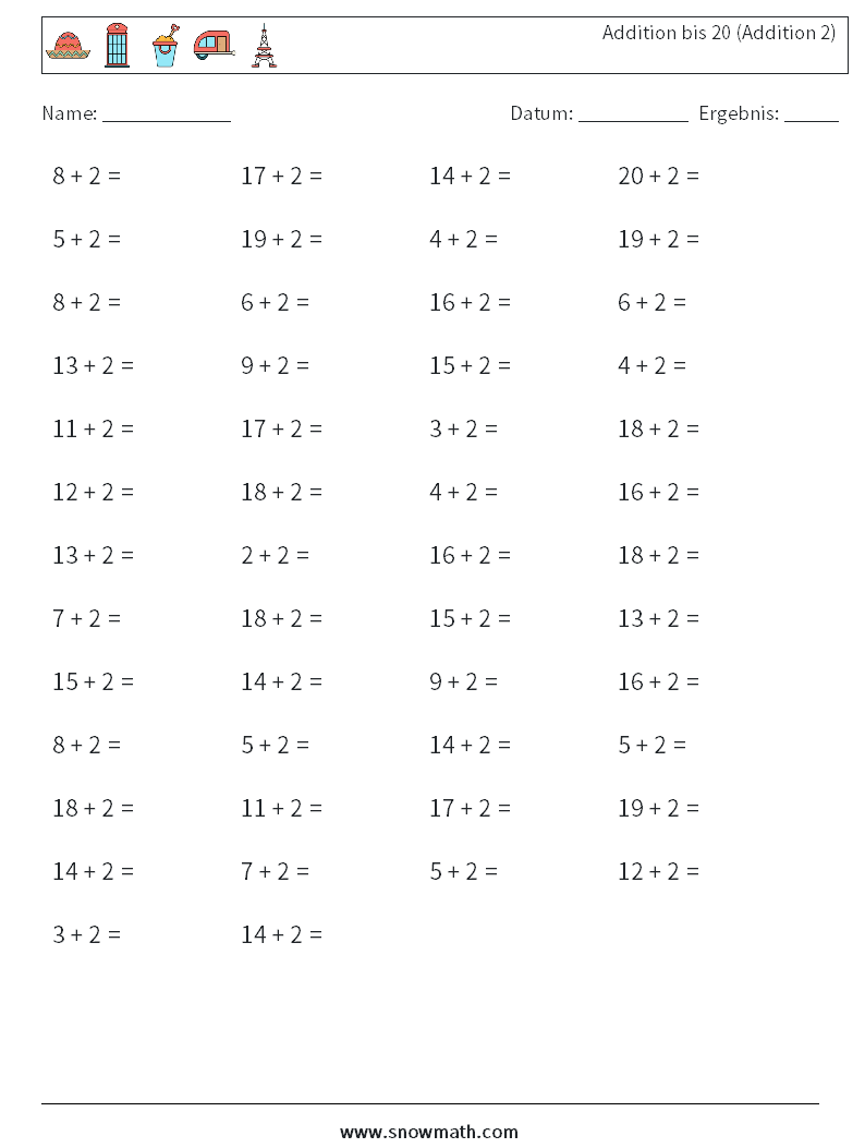 (50) Addition bis 20 (Addition 2) Mathe-Arbeitsblätter 8