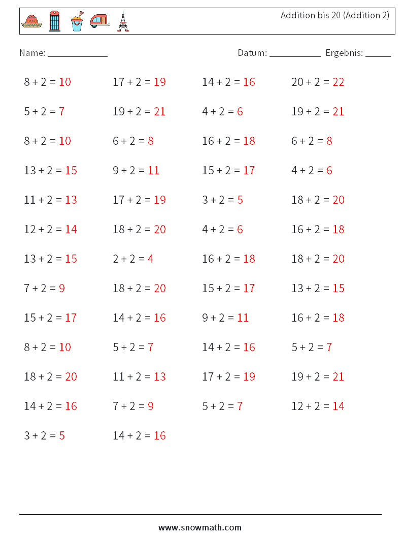 (50) Addition bis 20 (Addition 2) Mathe-Arbeitsblätter 8 Frage, Antwort
