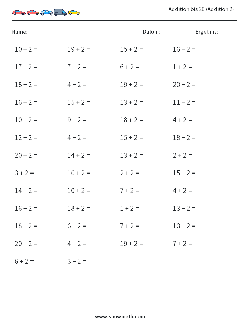 (50) Addition bis 20 (Addition 2) Mathe-Arbeitsblätter 9