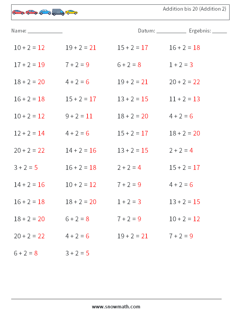 (50) Addition bis 20 (Addition 2) Mathe-Arbeitsblätter 9 Frage, Antwort