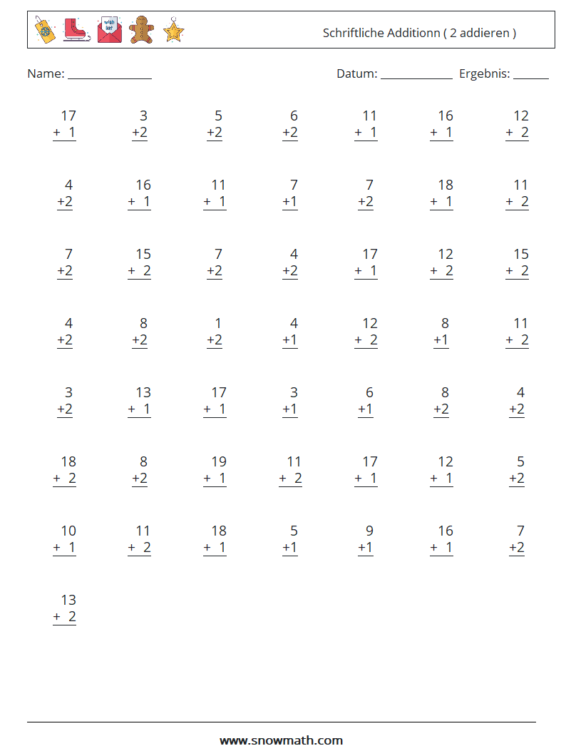 (50) Schriftliche Additionn ( 2 addieren ) Mathe-Arbeitsblätter 1