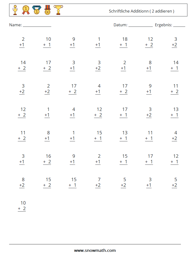 (50) Schriftliche Additionn ( 2 addieren ) Mathe-Arbeitsblätter 10