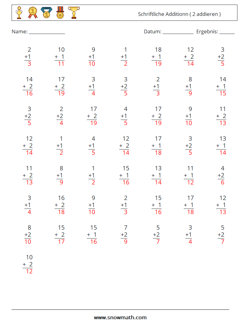 (50) Schriftliche Additionn ( 2 addieren ) Mathe-Arbeitsblätter 10 Frage, Antwort