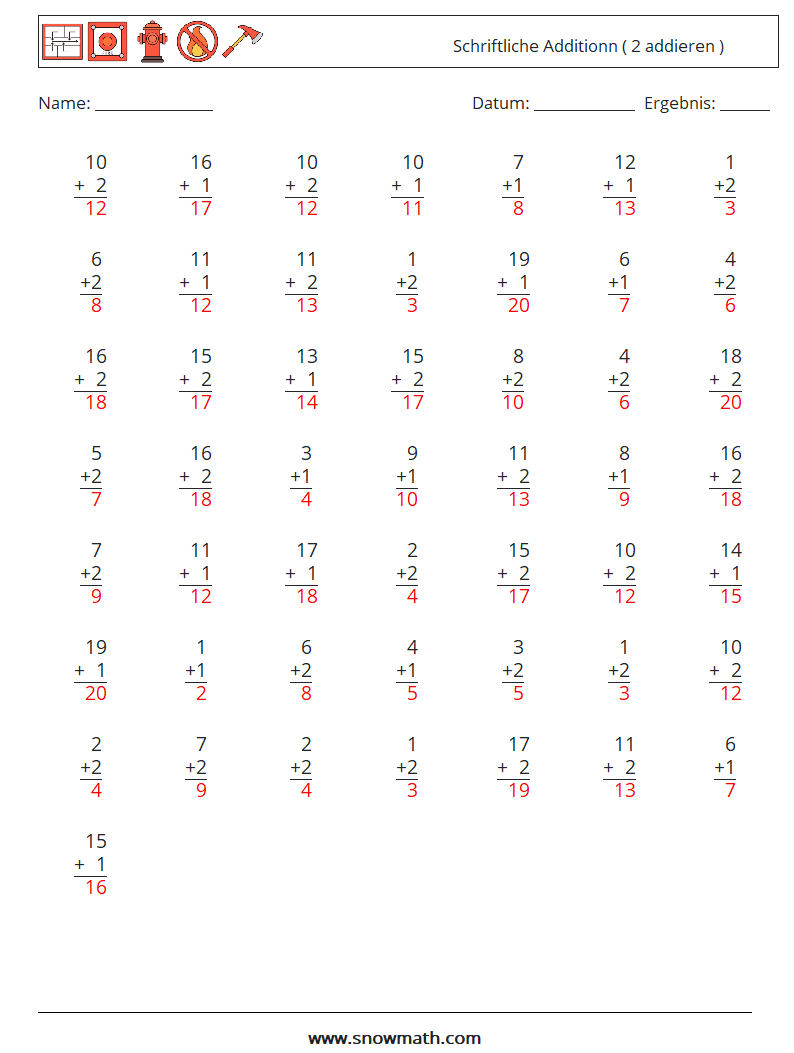 (50) Schriftliche Additionn ( 2 addieren ) Mathe-Arbeitsblätter 11 Frage, Antwort