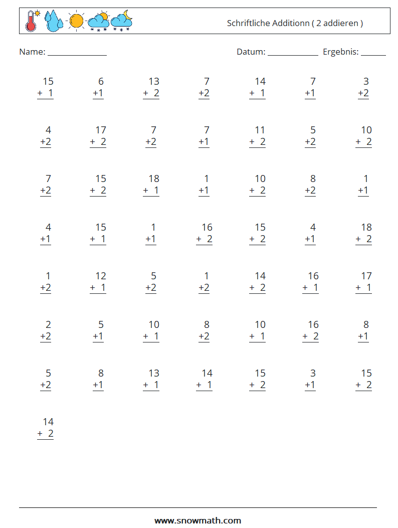 (50) Schriftliche Additionn ( 2 addieren ) Mathe-Arbeitsblätter 12