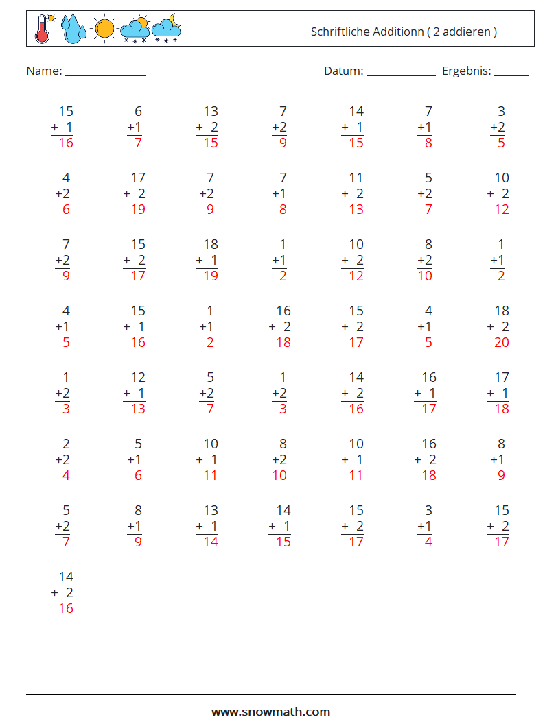 (50) Schriftliche Additionn ( 2 addieren ) Mathe-Arbeitsblätter 12 Frage, Antwort