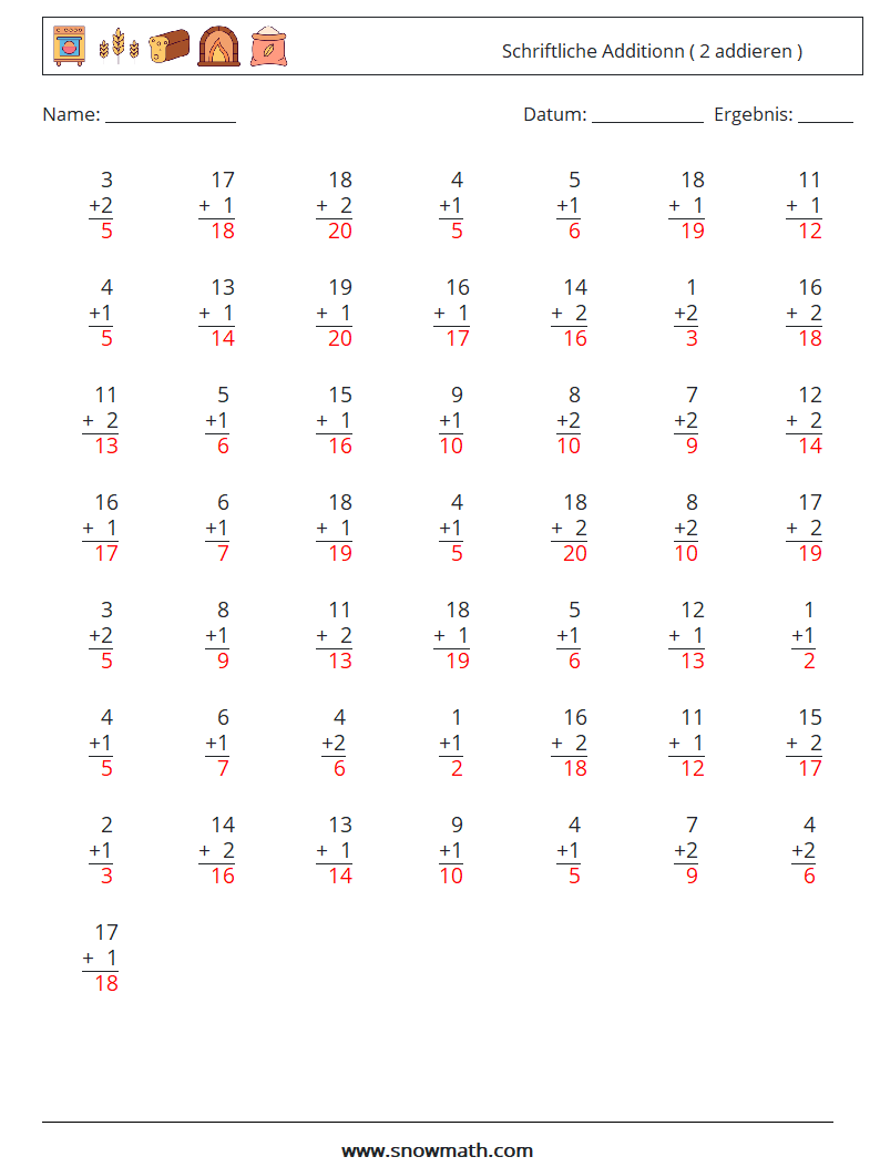 (50) Schriftliche Additionn ( 2 addieren ) Mathe-Arbeitsblätter 14 Frage, Antwort