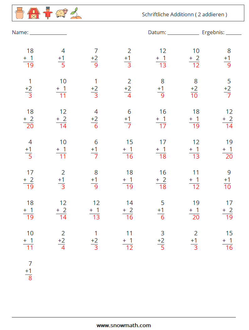 (50) Schriftliche Additionn ( 2 addieren ) Mathe-Arbeitsblätter 15 Frage, Antwort