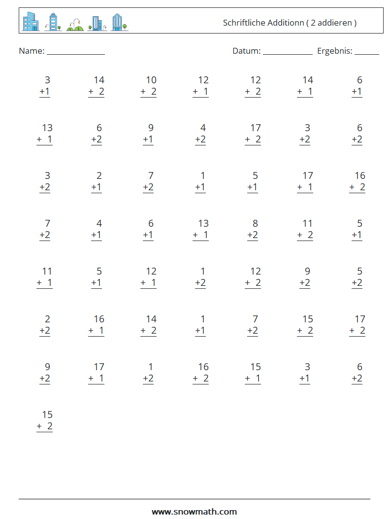 (50) Schriftliche Additionn ( 2 addieren ) Mathe-Arbeitsblätter 16
