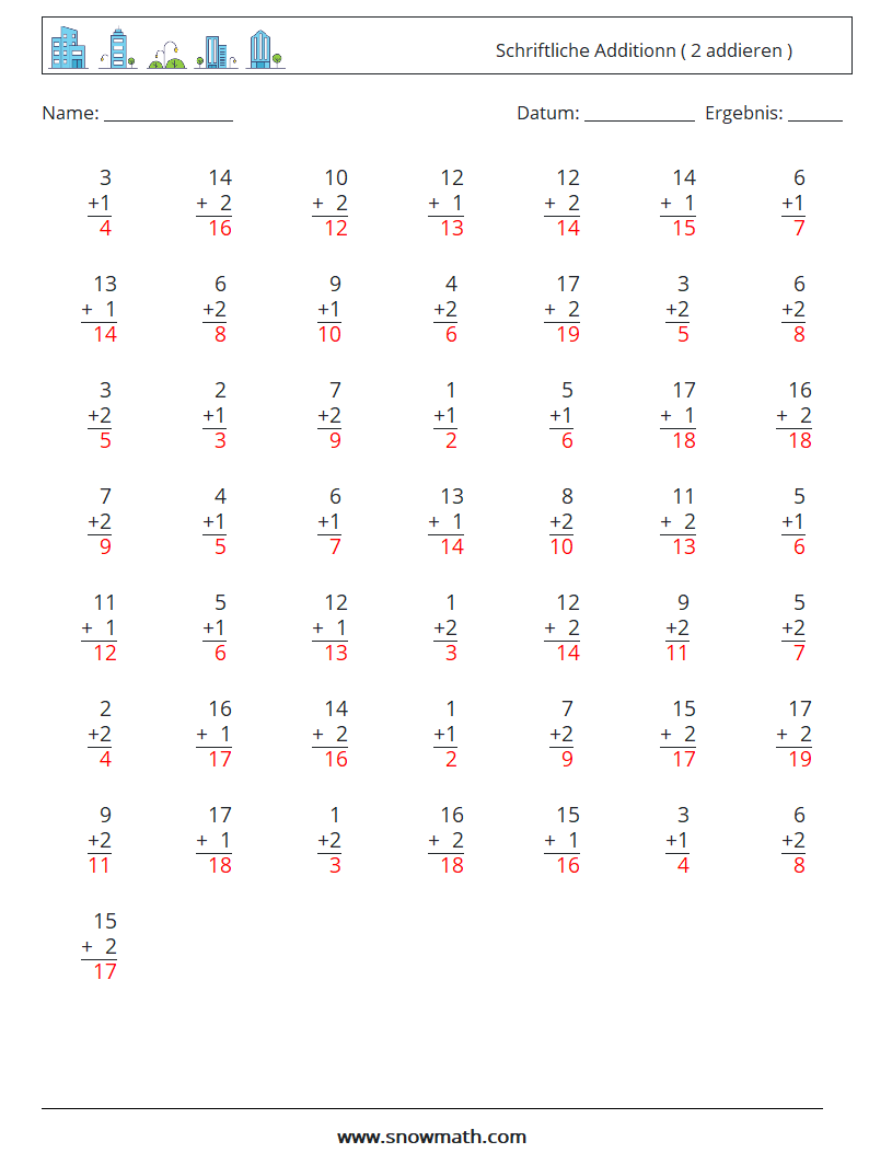 (50) Schriftliche Additionn ( 2 addieren ) Mathe-Arbeitsblätter 16 Frage, Antwort