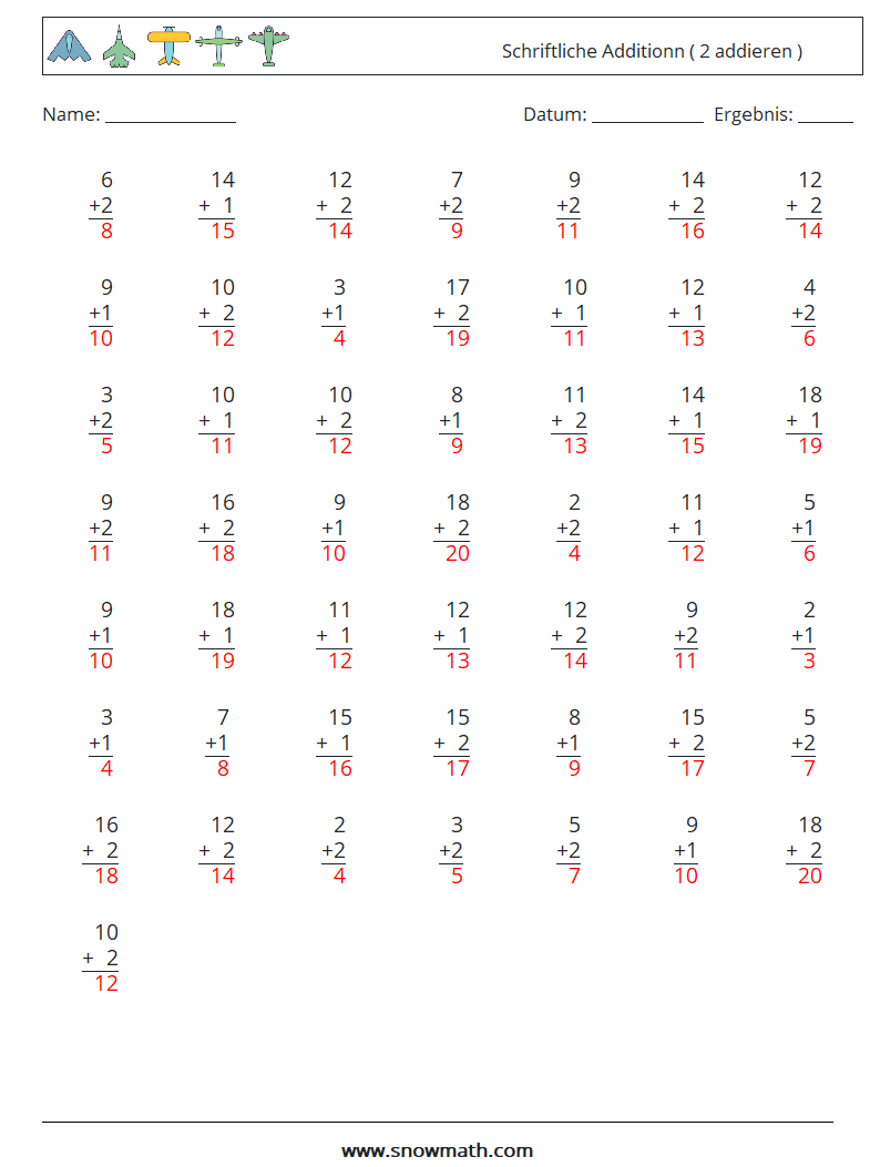 (50) Schriftliche Additionn ( 2 addieren ) Mathe-Arbeitsblätter 17 Frage, Antwort