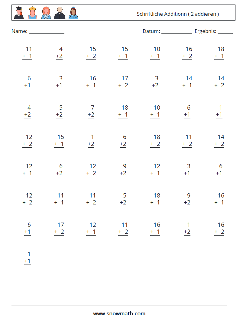 (50) Schriftliche Additionn ( 2 addieren ) Mathe-Arbeitsblätter 18