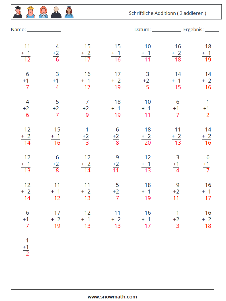 (50) Schriftliche Additionn ( 2 addieren ) Mathe-Arbeitsblätter 18 Frage, Antwort