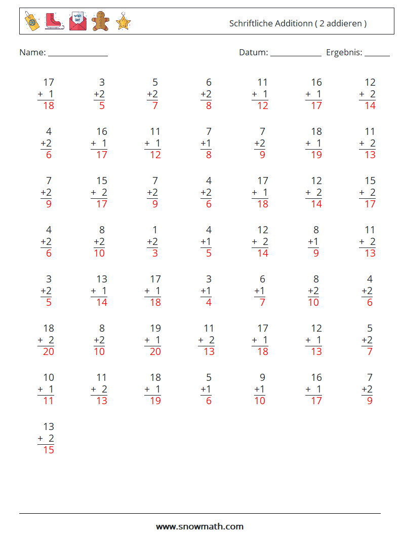 (50) Schriftliche Additionn ( 2 addieren ) Mathe-Arbeitsblätter 1 Frage, Antwort