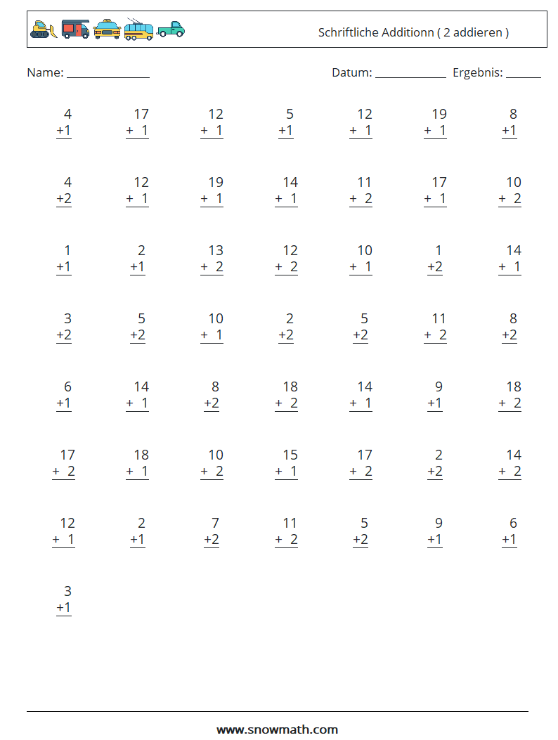 (50) Schriftliche Additionn ( 2 addieren ) Mathe-Arbeitsblätter 2