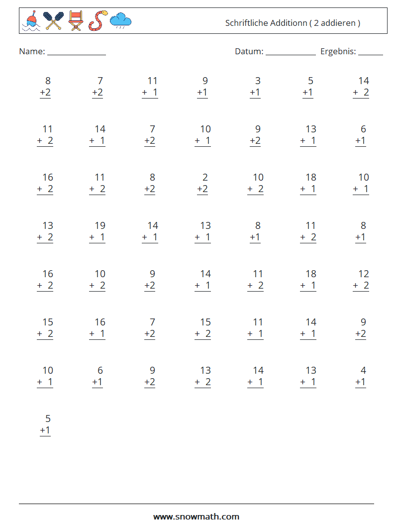 (50) Schriftliche Additionn ( 2 addieren ) Mathe-Arbeitsblätter 3