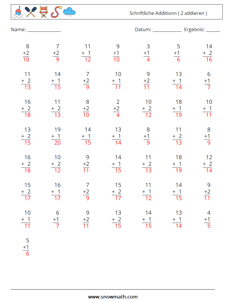 (50) Schriftliche Additionn ( 2 addieren ) Mathe-Arbeitsblätter 3 Frage, Antwort