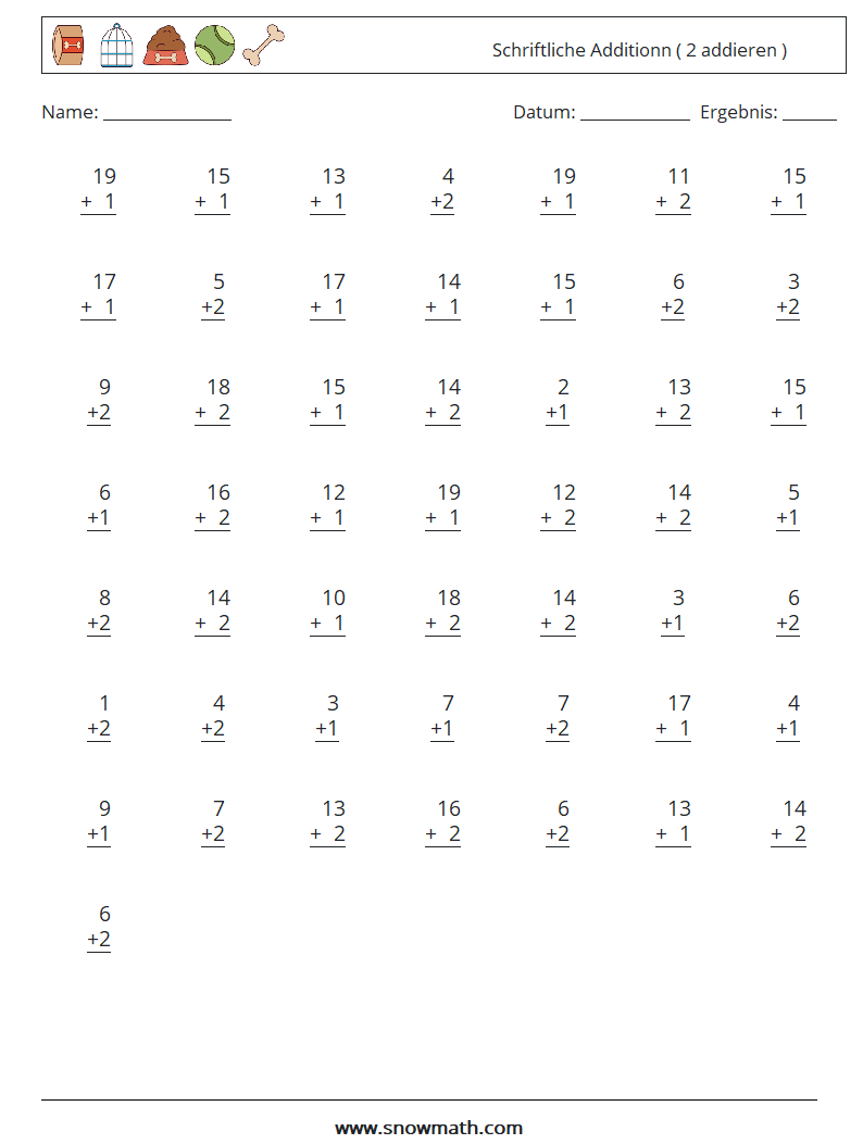 (50) Schriftliche Additionn ( 2 addieren ) Mathe-Arbeitsblätter 4