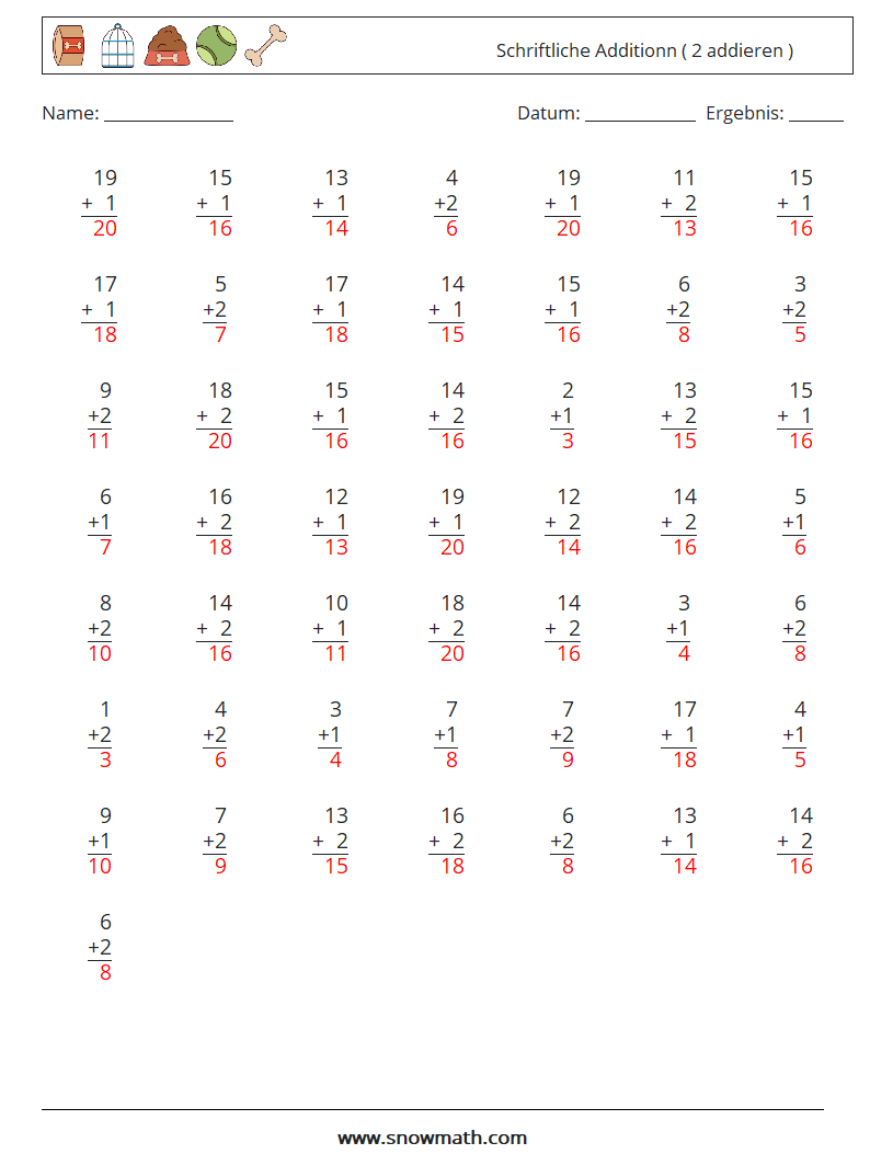 (50) Schriftliche Additionn ( 2 addieren ) Mathe-Arbeitsblätter 4 Frage, Antwort