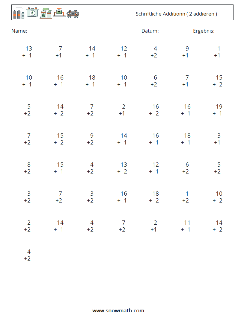 (50) Schriftliche Additionn ( 2 addieren ) Mathe-Arbeitsblätter 5