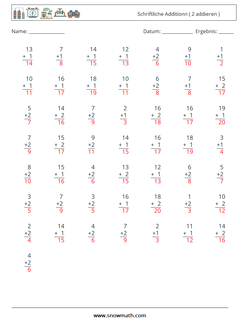 (50) Schriftliche Additionn ( 2 addieren ) Mathe-Arbeitsblätter 5 Frage, Antwort