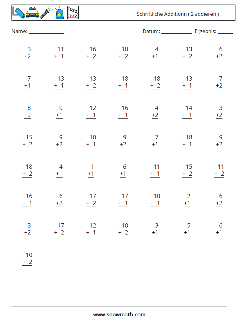 (50) Schriftliche Additionn ( 2 addieren ) Mathe-Arbeitsblätter 6