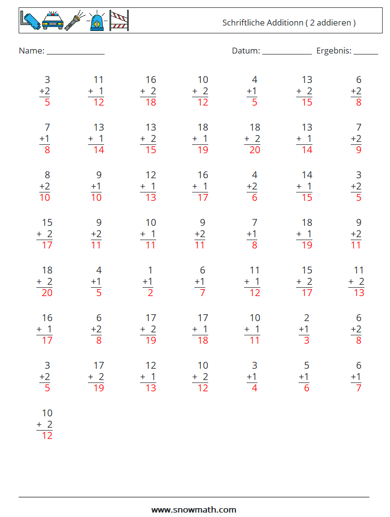 (50) Schriftliche Additionn ( 2 addieren ) Mathe-Arbeitsblätter 6 Frage, Antwort