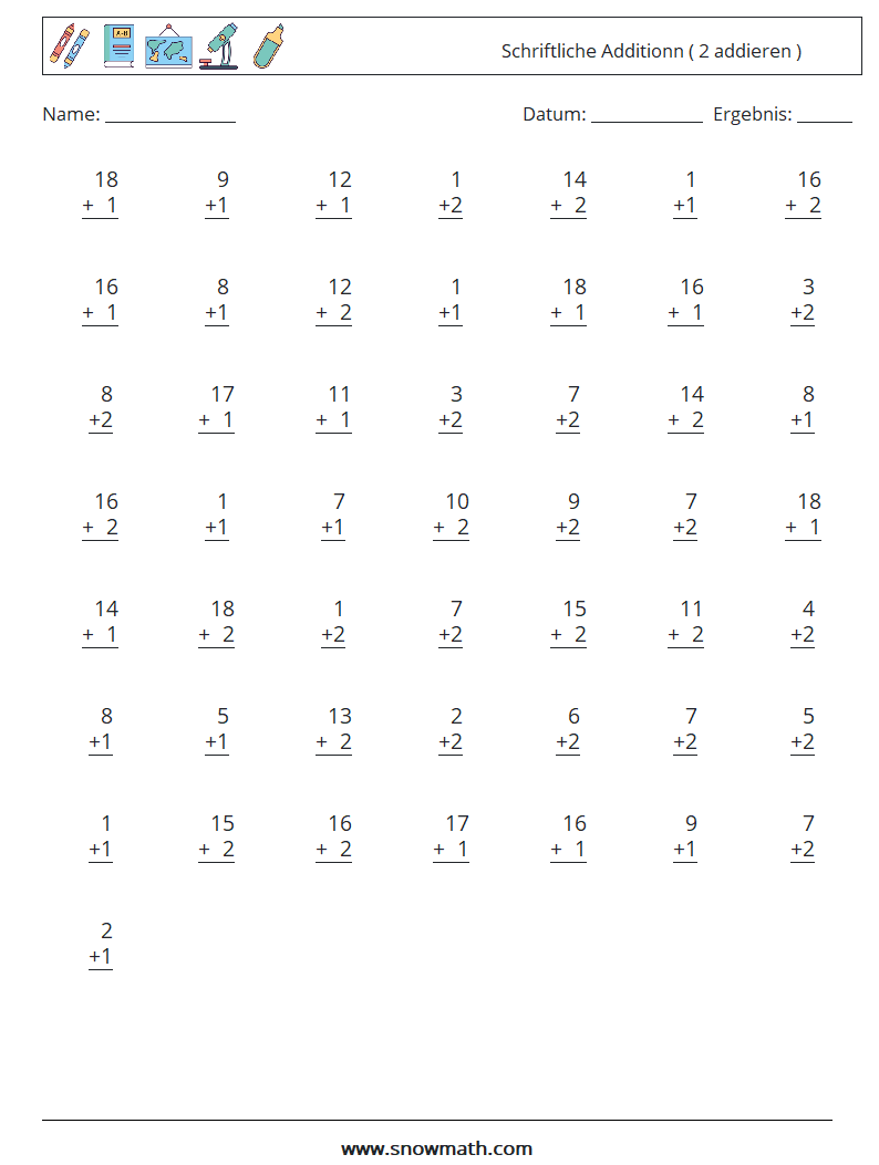 (50) Schriftliche Additionn ( 2 addieren ) Mathe-Arbeitsblätter 7