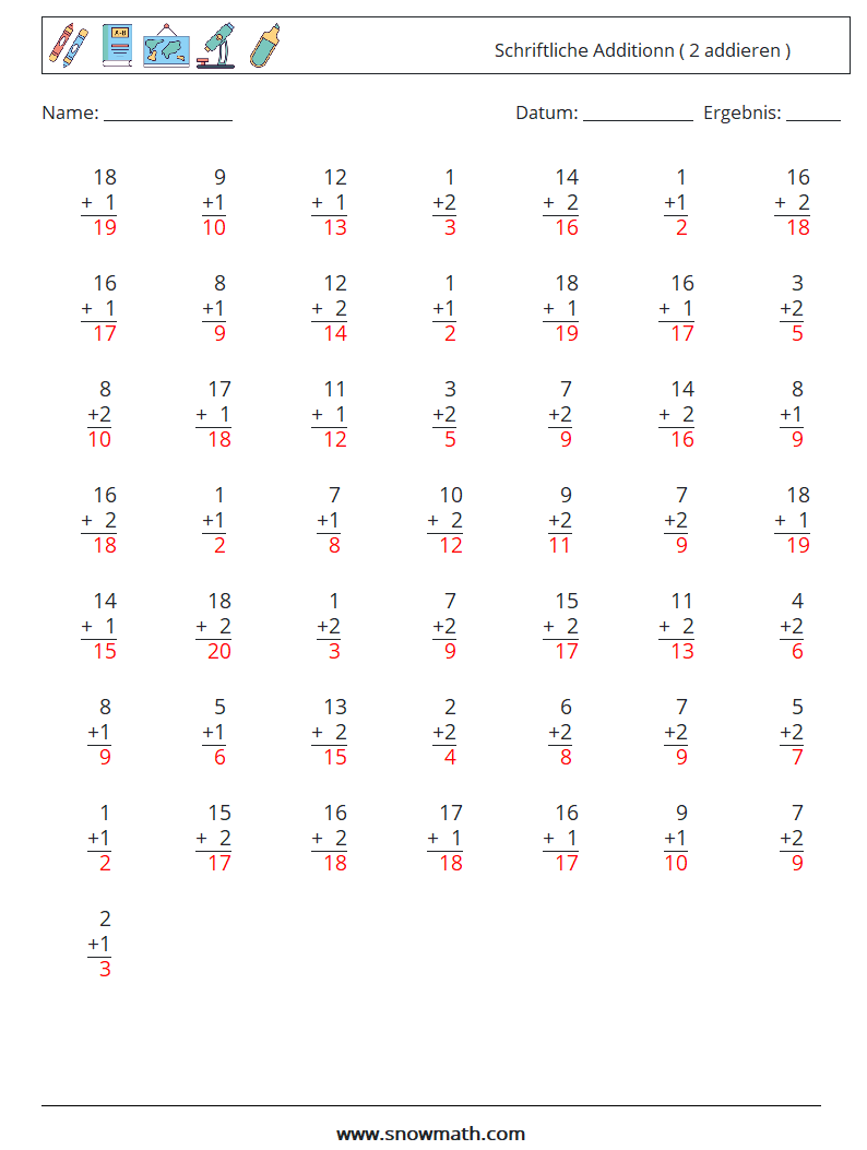 (50) Schriftliche Additionn ( 2 addieren ) Mathe-Arbeitsblätter 7 Frage, Antwort