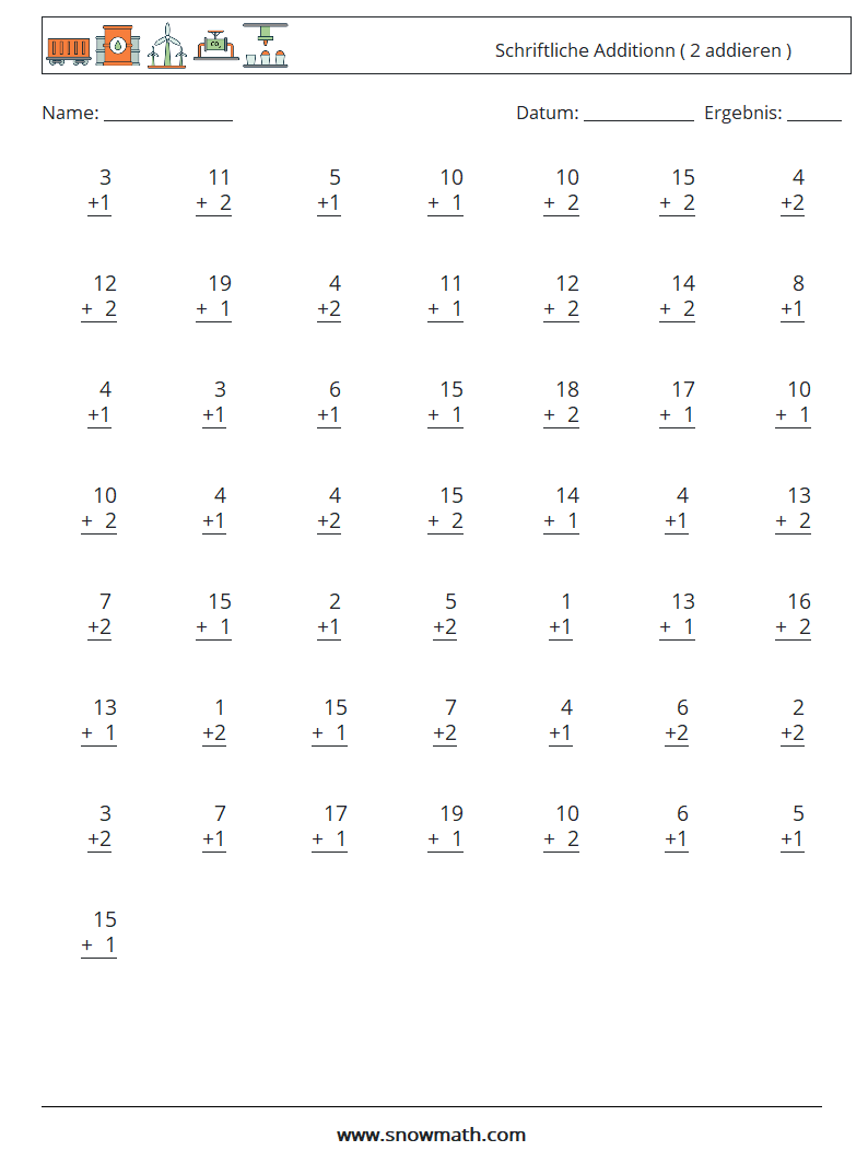 (50) Schriftliche Additionn ( 2 addieren ) Mathe-Arbeitsblätter 8