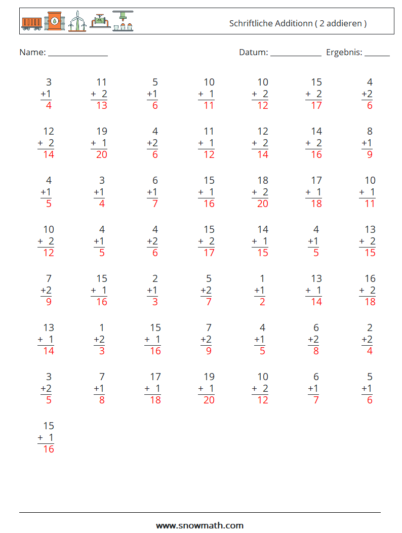 (50) Schriftliche Additionn ( 2 addieren ) Mathe-Arbeitsblätter 8 Frage, Antwort