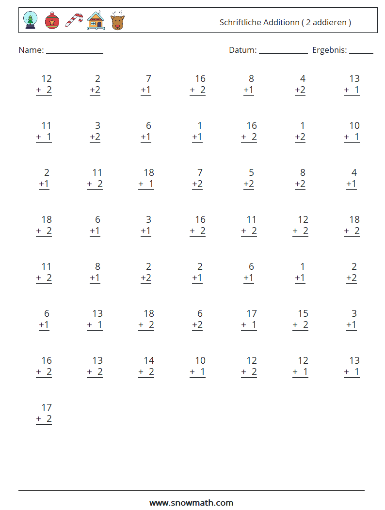 (50) Schriftliche Additionn ( 2 addieren ) Mathe-Arbeitsblätter 9