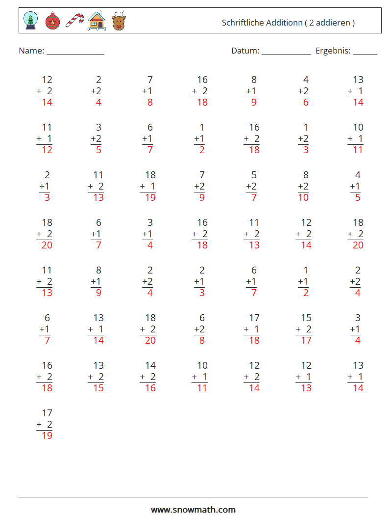 (50) Schriftliche Additionn ( 2 addieren ) Mathe-Arbeitsblätter 9 Frage, Antwort