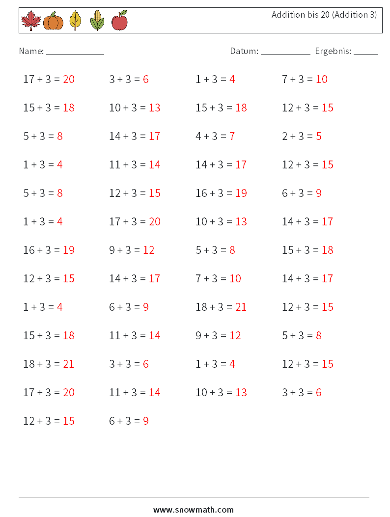 (50) Addition bis 20 (Addition 3) Mathe-Arbeitsblätter 1 Frage, Antwort