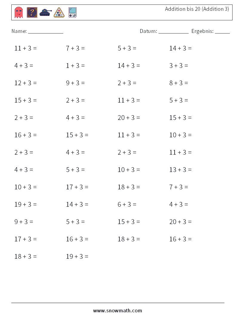 (50) Addition bis 20 (Addition 3) Mathe-Arbeitsblätter 2