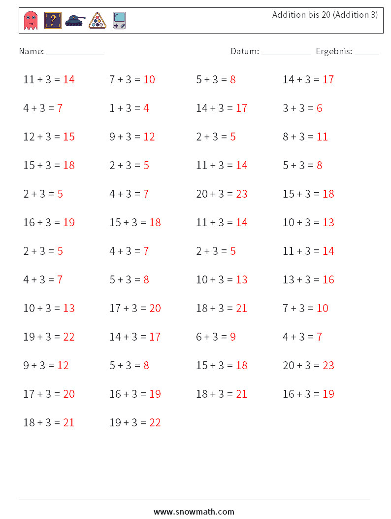 (50) Addition bis 20 (Addition 3) Mathe-Arbeitsblätter 2 Frage, Antwort