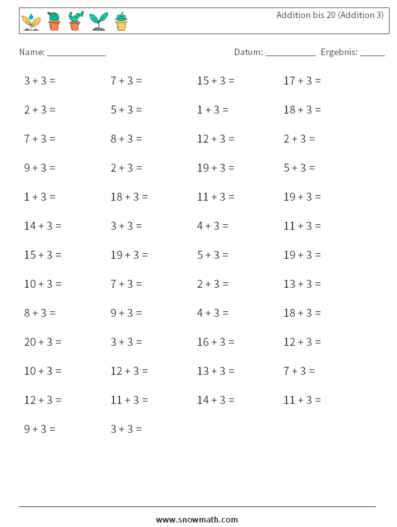 (50) Addition bis 20 (Addition 3) Mathe-Arbeitsblätter 4