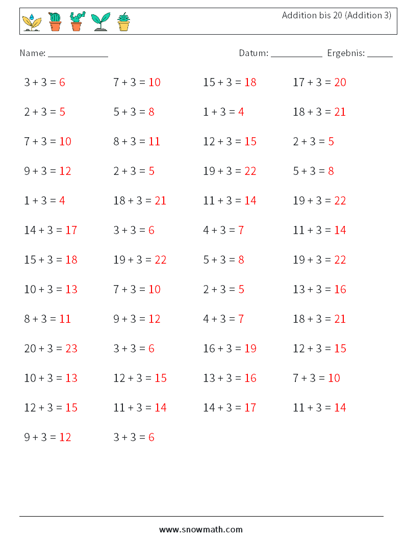 (50) Addition bis 20 (Addition 3) Mathe-Arbeitsblätter 4 Frage, Antwort