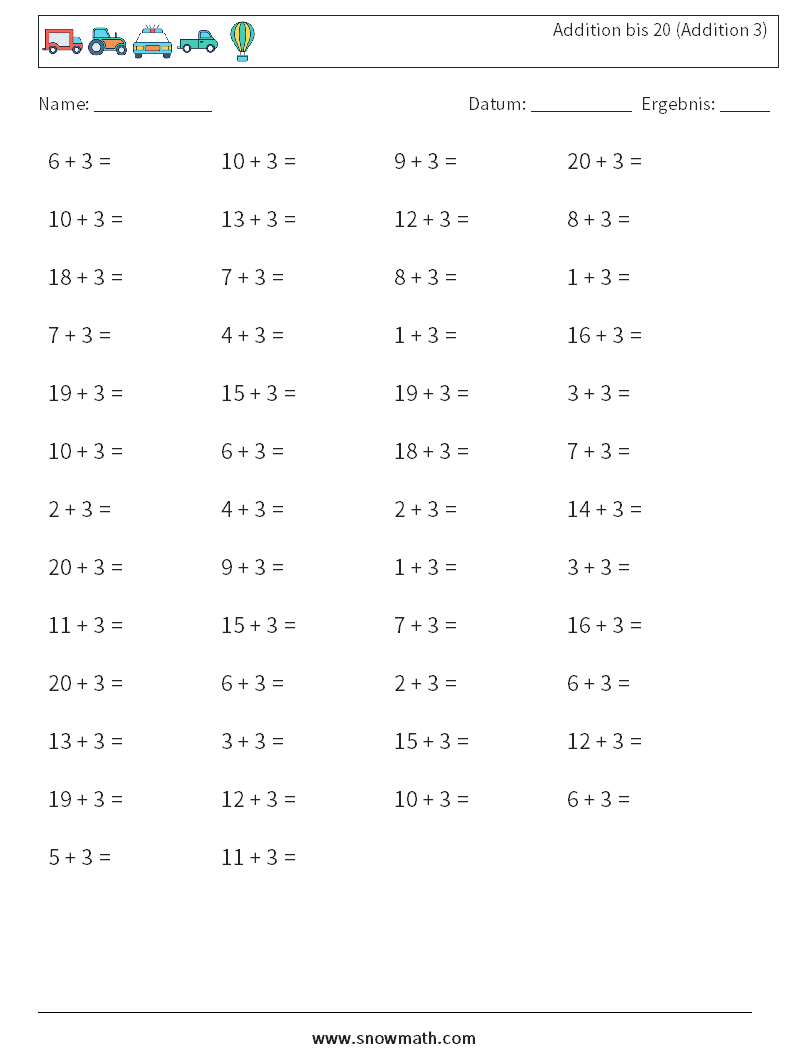 (50) Addition bis 20 (Addition 3) Mathe-Arbeitsblätter 5