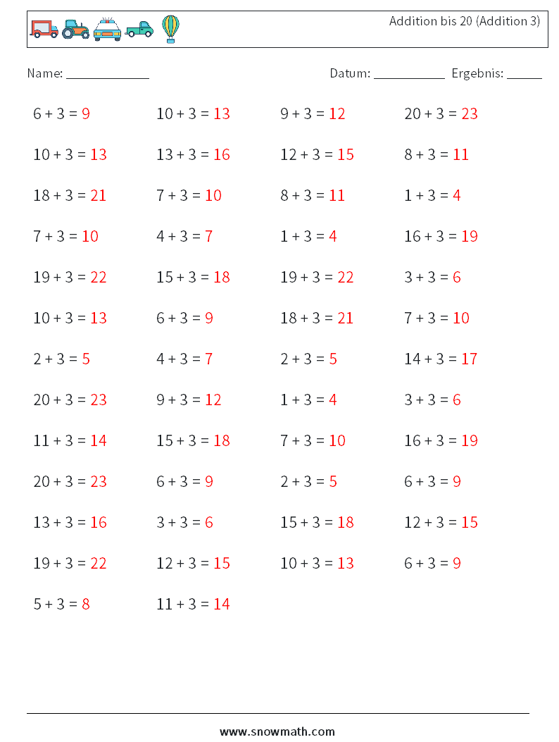 (50) Addition bis 20 (Addition 3) Mathe-Arbeitsblätter 5 Frage, Antwort