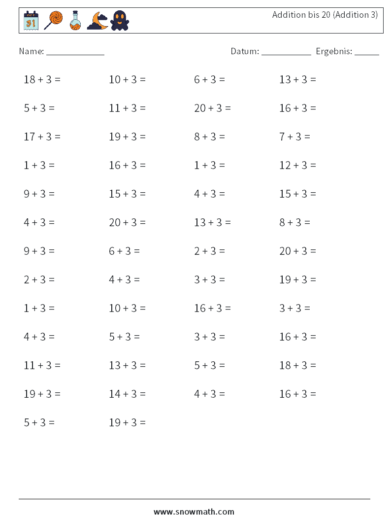 (50) Addition bis 20 (Addition 3) Mathe-Arbeitsblätter 6