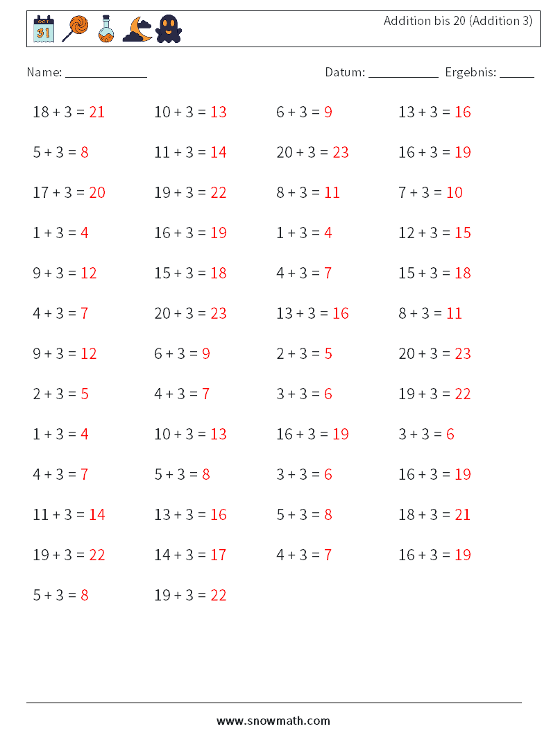 (50) Addition bis 20 (Addition 3) Mathe-Arbeitsblätter 6 Frage, Antwort