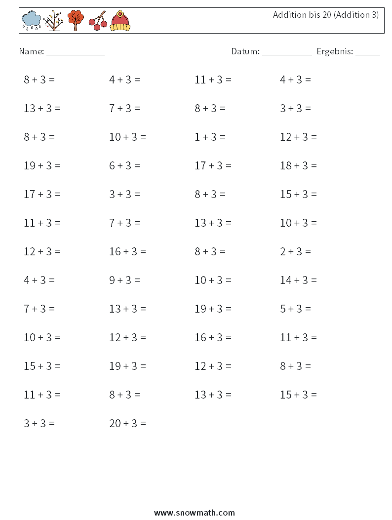 (50) Addition bis 20 (Addition 3) Mathe-Arbeitsblätter 7