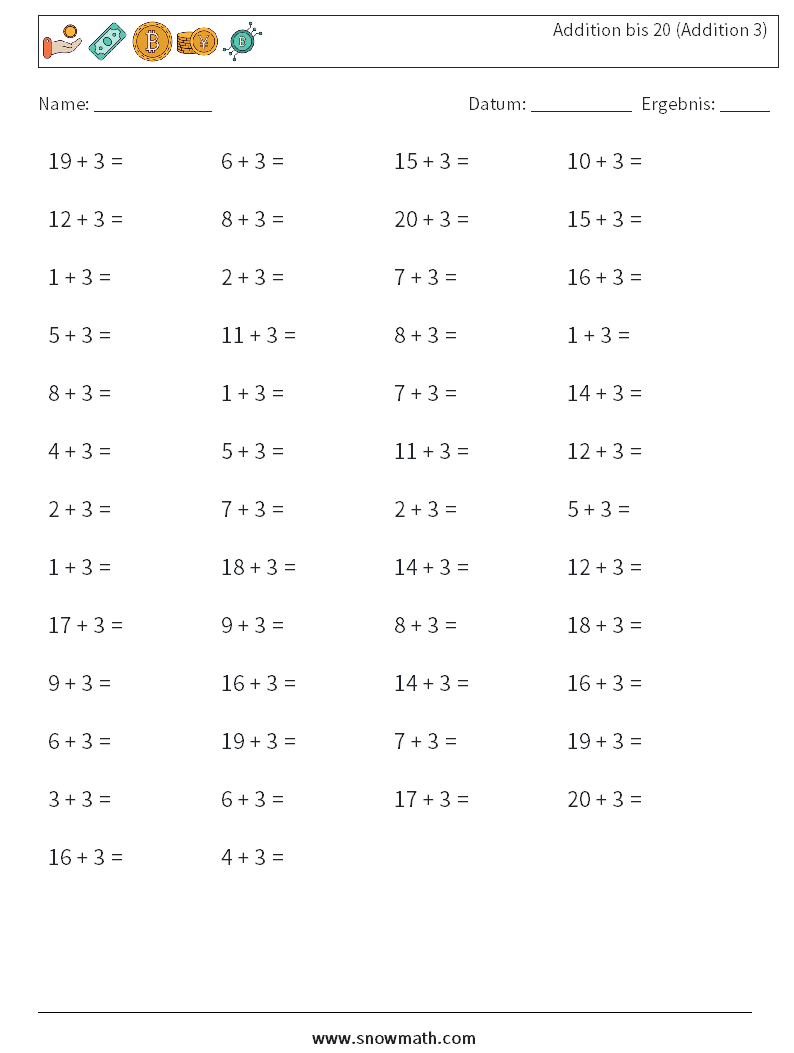 (50) Addition bis 20 (Addition 3) Mathe-Arbeitsblätter 8