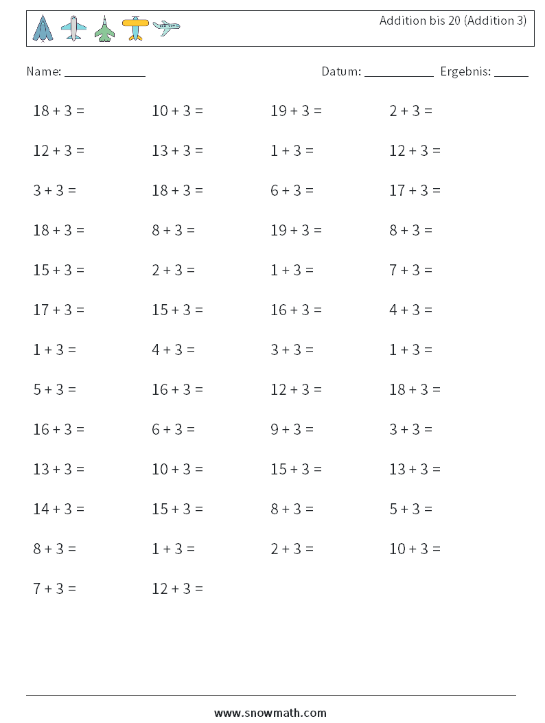 (50) Addition bis 20 (Addition 3) Mathe-Arbeitsblätter 9