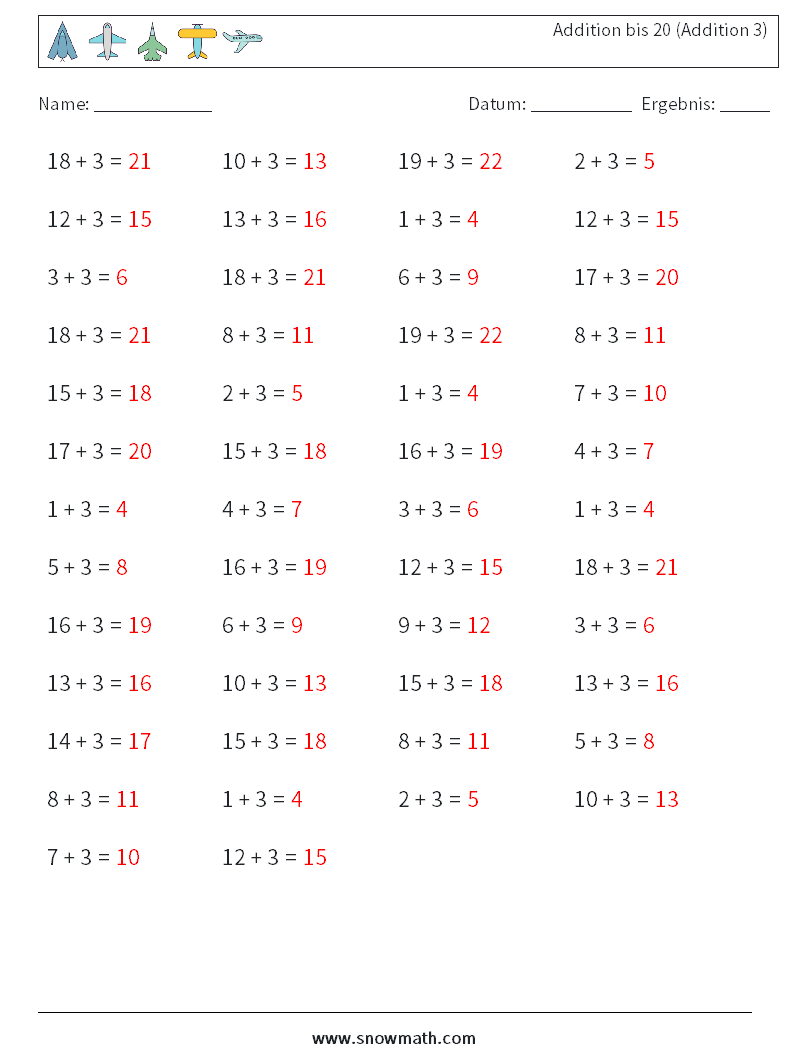 (50) Addition bis 20 (Addition 3) Mathe-Arbeitsblätter 9 Frage, Antwort