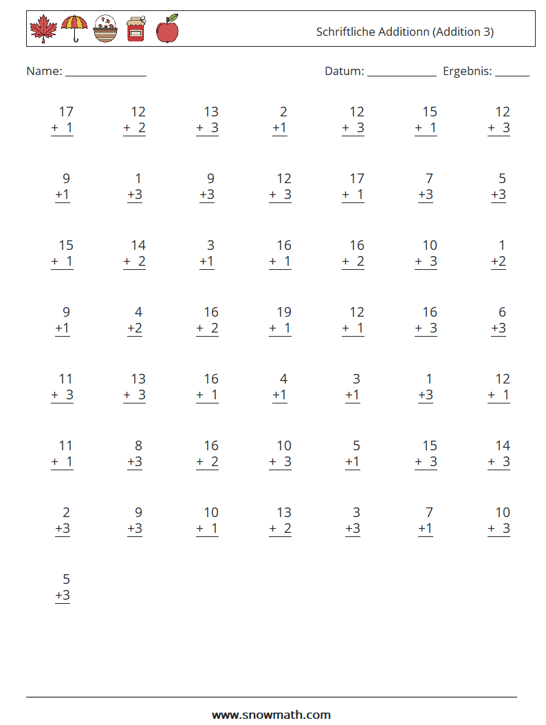 (50) Schriftliche Additionn (Addition 3) Mathe-Arbeitsblätter 1